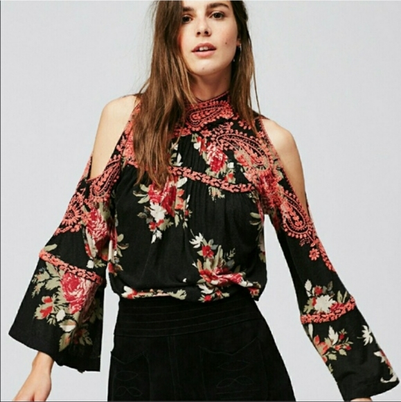 FREE PEOPLE Bainbridge Black & Red Floral Long Bell Sleeve High Neckline Shirt S - Picture 3 of 16